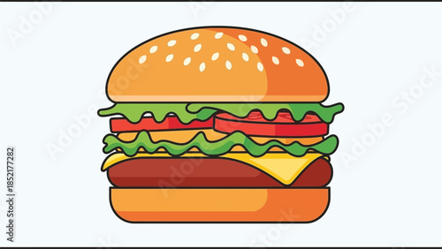 A colorful cartoon illustration of a classic cheeseburger with fresh ingredients