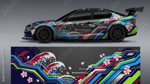 A sporty car with a vibrant Japanese-inspired circuit board and cherry blossom decal design.
