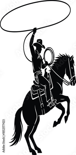 A striking depiction of a cowboy skillfully roping with a lasso while riding a horse silhouette