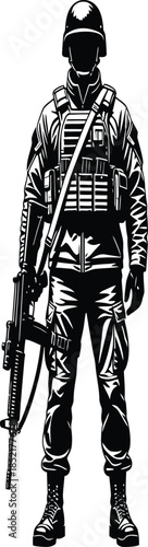 A stark depiction of a soldier standing at attention equipped with gear and weapon silhouette