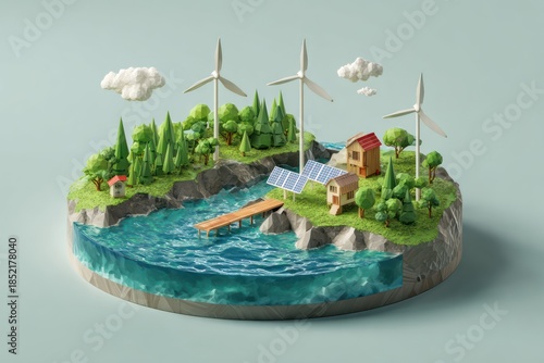 Solar panels and windmills on green island