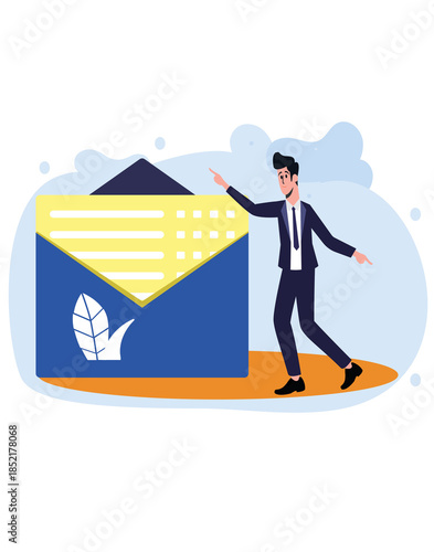 Professional businessman pointing at a large envelope for email marketing and digital communication concept.