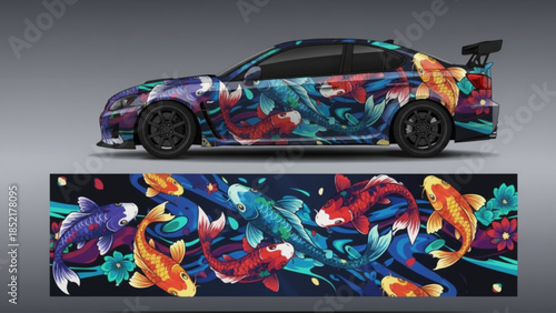 Custom car wrap design featuring vibrant koi fish and flowing water patterns in an artistic style.