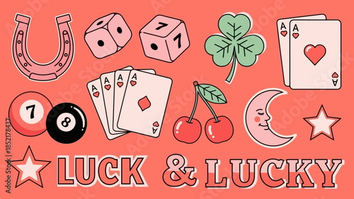 Lucky Charms Vector Illustration Set with Playing Cards and Dice