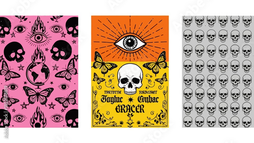 Gothic Skull and Occult Symbol Vector Illustration Set