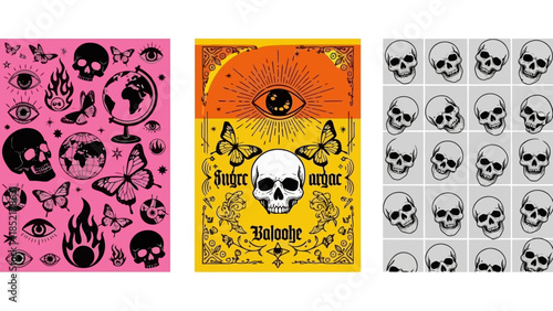 Gothic Skull and Occult Symbols Vector Illustration Set