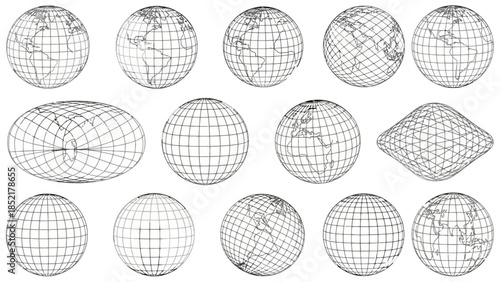 Set of 15 Globe Grid Vector Illustrations in Different Projections