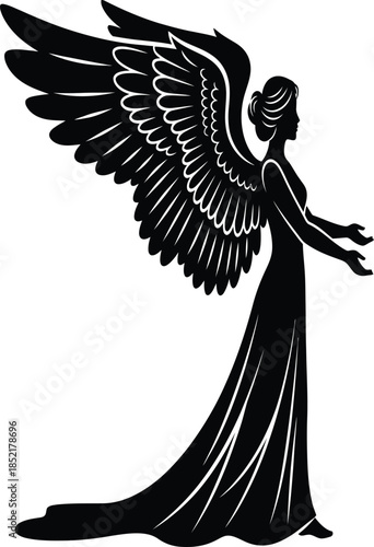 A striking black silhouette of an angelic figure with large feathered wings in a flowing gown silhouette