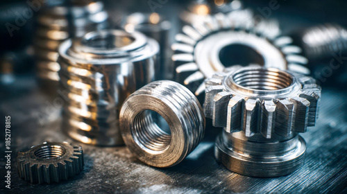 Precision metal gears and threaded parts on an industrial workbench, high-detail macro photography of engineering equipment