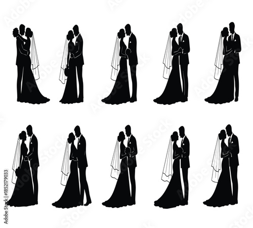 Repeating patterns of embracing wedding couples in black and white emphasizing romance and commitment silhouette