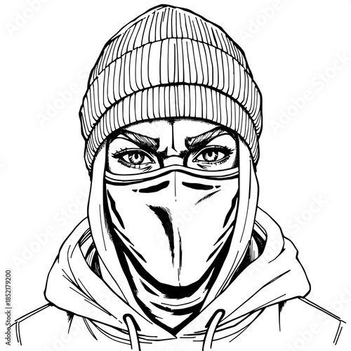 “Urban-inspired black and white portrait drawing, masked figure in a beanie and hoodie, expressive eyes and eyebrows emphasized, hand-drawn line art with detailed textile shading, white negative space