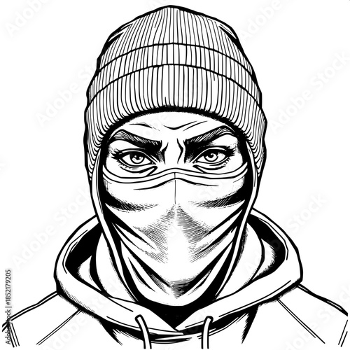 “Urban-inspired black and white portrait drawing, masked figure in a beanie and hoodie, expressive eyes and eyebrows emphasized, hand-drawn line art with detailed textile shading, white negative space