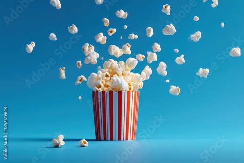 Crunchy popcorn flying over blue background