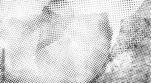 Grunge real organic vintage halftone vector ink print background . Abstract black and white halftone dotted overlay background, wavy gradient dot pattern or retro pixel technology backdrop with grunge