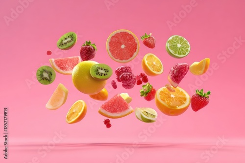 Fresh fruit mix falling in air