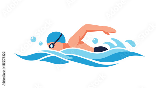 A colorful illustration of a swimmer in motion through blue water