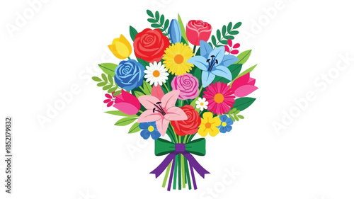 A vibrant bouquet of colorful flowers with a lovely ribbon tie