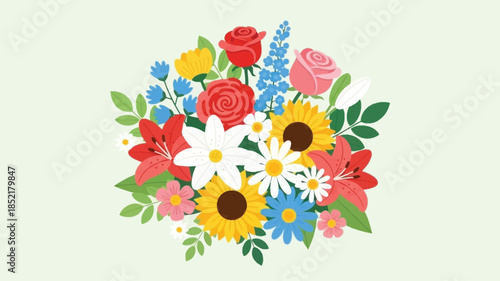 A vibrant bouquet of colorful flowers including roses lilies and sunflowers