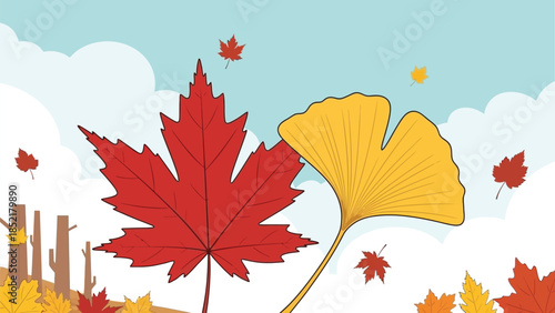 Autumn leaves gracefully falling from trees under a bright blue sky