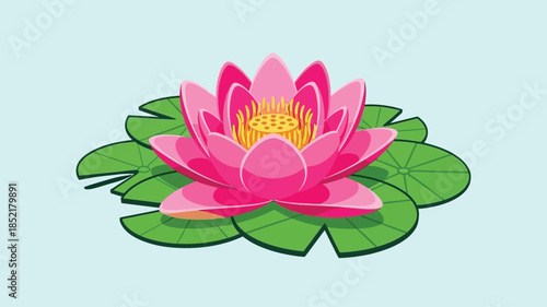A vibrant pink lotus flower gracefully rests on green lily pads
