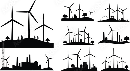 Wind turbine silhouette landscape set showing renewable energy city industry nature for sustainable power design