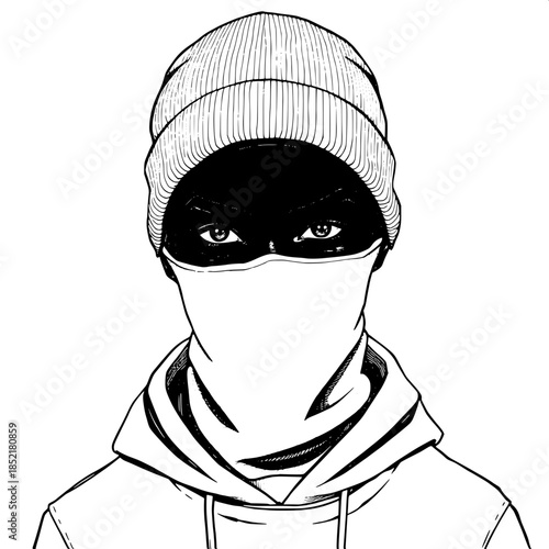 Monochrome ink illustration of a young person of African descent with dark brown skin and striking features, facing forward with an enigmatic expression, their eyes visible through a balaclava that co