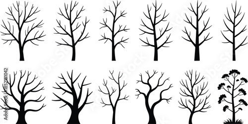 Bare tree silhouettes collection winter forest illustration minimal nature black branches design elements set