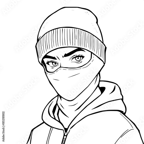 Minimalist black-and-white illustration of an urban youth with a determined expression, wearing a fitted balaclava that covers their mouth and nose, and a beanie that slightly curves upwards, paired w