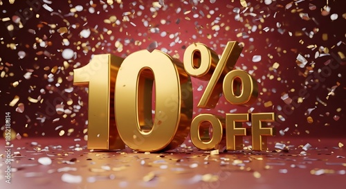 Golden 10 Percent OFF Sale Promotion Confetti Red Background