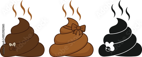 Funny cartoon poop emoji illustration set showing different styles with flies and smell lines, humorous toilet icon collection isolated on white background