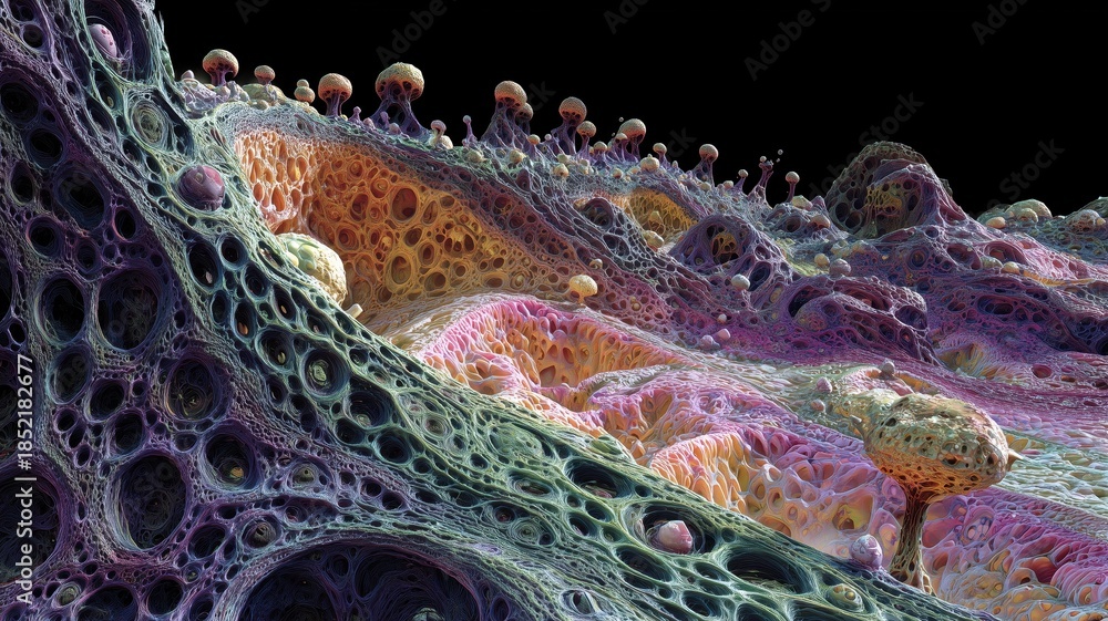 custom made wallpaper toronto digitalAbstract fractal alien landscape with colorful organic mycelium structure featuring textured layers and intricate patterns on black background in surreal digital terrain