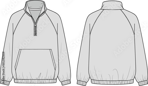 Men’s half zip pullover hoodie technical fashion flat front and back views cad drawing flat vector illustration apparel design