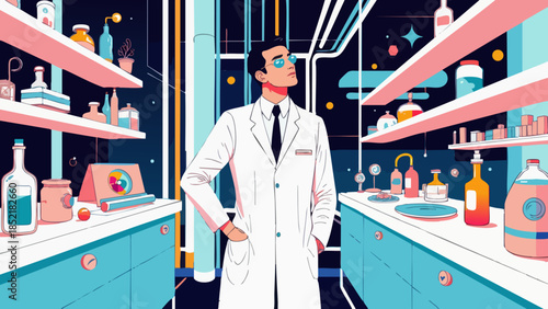 Futuristic Scientist in Innovative Laboratory Vector Illustration