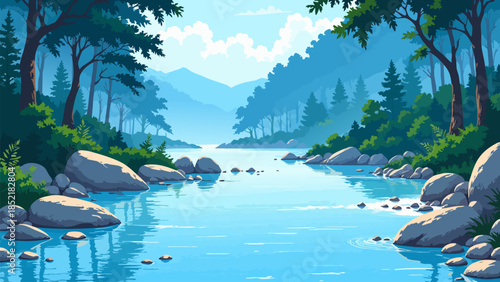 Minimalistic Vector Illustration of Serene Forest Stream with Blue and White Tones