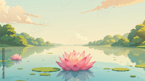 Serene Pink Lotus Flower in Flat Vector Style on Pond