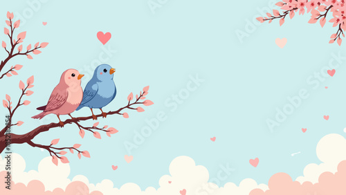 Vector Illustration of Two Lovebirds Proposing with a Ring on a Branch