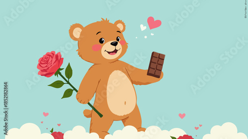Smiling Teddy Bear Offering Rose and Chocolate Bar in Vector Style