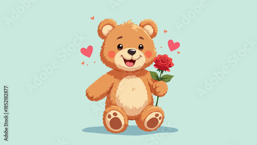 Smiling Teddy Bear Offering Rose and Chocolate Bar in Vector Style