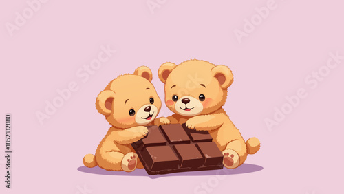 Two Teddy Bears Hugging Next to a Chocolate Bar, Vector Illustration
