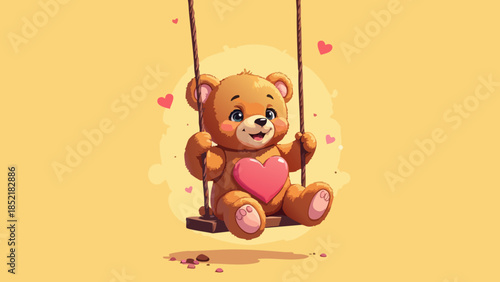 Cute Teddy Bear on Chocolate Swing Vector Illustration for Valentine's Joy