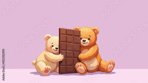 Two Teddy Bears Hugging Next to a Large Chocolate Bar, Vector Illustration