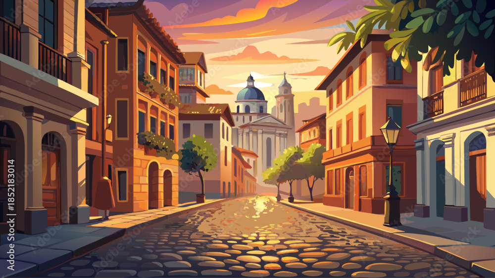 Fototapeta premium Very beautiful early morning scene on a quiet cobblestone street in Rome, featuring historic buildings, soft shadows, warm light, and authentic Italian urban charm before the city awakens.