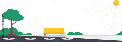 Peaceful Park Landscape with a Deserted Bench and Vivid Sunlight on a Sunny Day