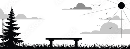 Peaceful Park Bench Silhouette with Trees and Clouds Under Sunny Sky