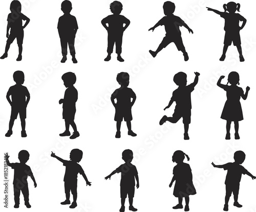 Silhouettes of diverse children in playful poses, standing, jumping, pointing, and flexing arms isolated on white background for design projects