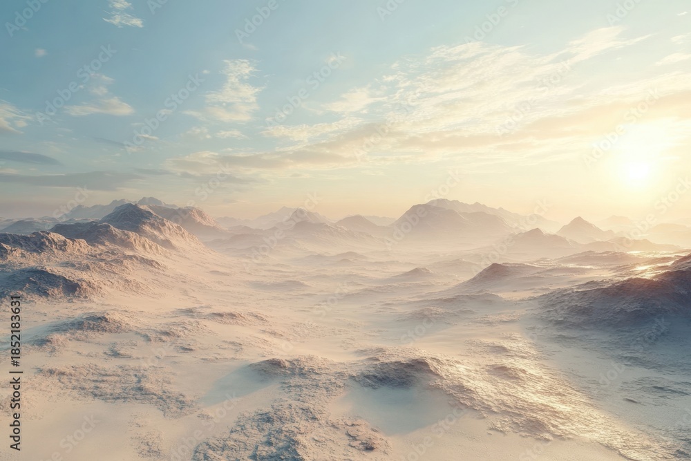 Fototapeta premium Vast snow-covered landscape bathed in golden sunlight with gentle hills in the distance