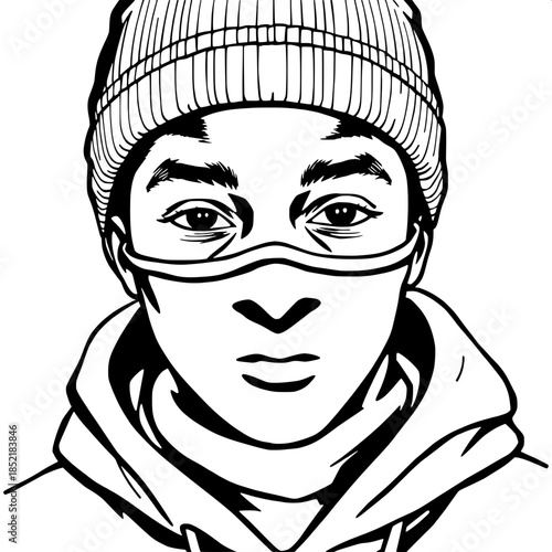 “Stencil-style black and white drawing of a young African-descended figure staring directly at the viewer, lower face hidden by a balaclava, wearing a beanie and hoodie, bold outlines with subtle line