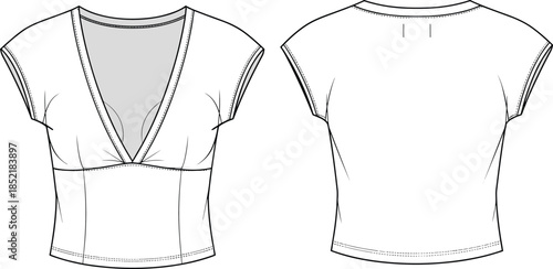 Women’s cropped V neck top technical fashion flat, front and back views, cad drawing flat vector illustration apparel design