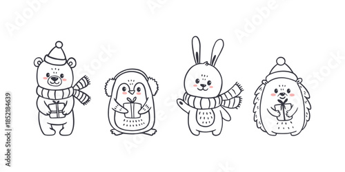 Cute cartoon animals Isolated on white. Christmas  Illustration for design, banners, children's books and patterns. Teddy Bear, penguin, rabbit, hedgehog with gift. Vector illustration