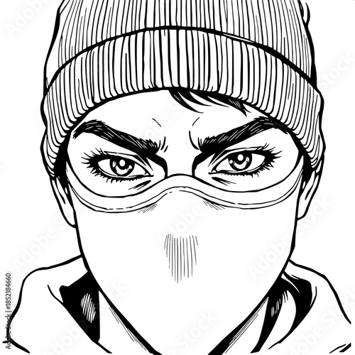“High-contrast monochrome illustration of a masked youth with only the eyes visible, expressive eyebrows, beanie hat, and hoodie. Fine ink lines and cross-hatching textures, graphic novel aesthetic, m
